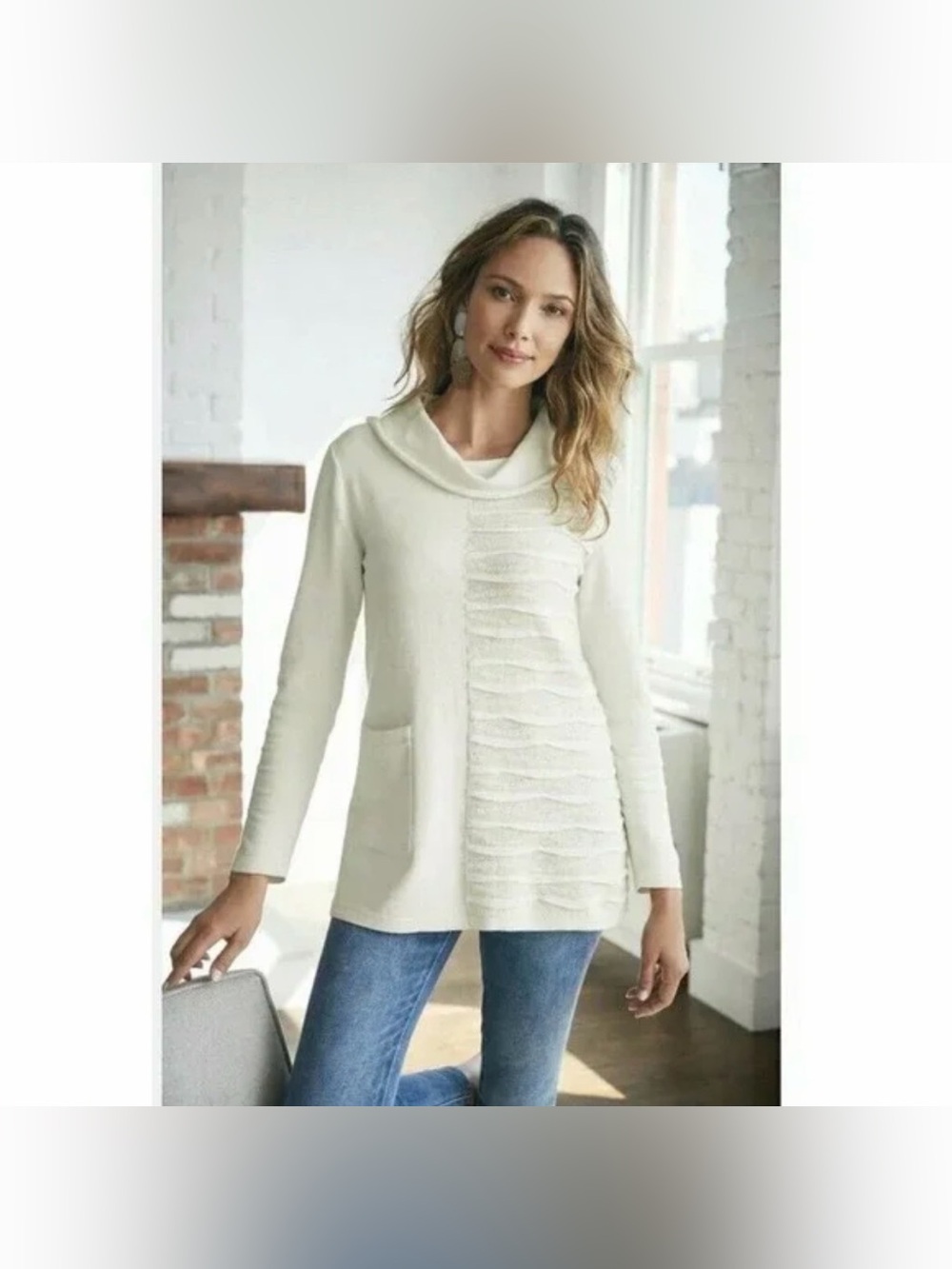 Soft Surroundings Sabal Cowl Neck Sweater M Textured Cream Cozy Top‎